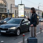A traveler with luggage stands on a street with cars in front of a building in Ukraine.