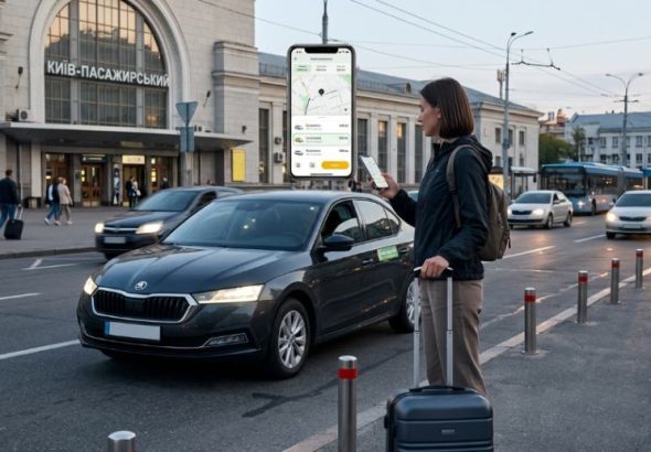 A traveler with luggage stands on a street with cars in front of a building in Ukraine.
