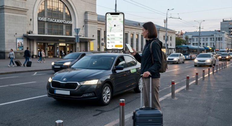 A traveler with luggage stands on a street with cars in front of a building in Ukraine.