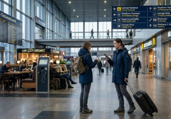 Passengers with luggage stand in a busy train station concourse.