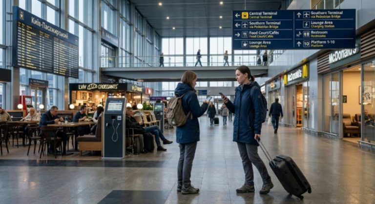 Passengers with luggage stand in a busy train station concourse.