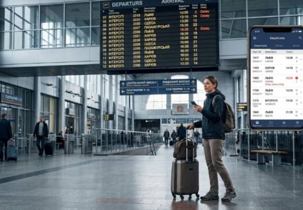 Traveler checks train departures on a smartphone at a station.