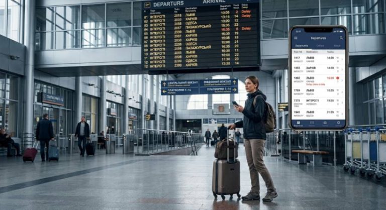 Traveler checks train departures on a smartphone at a station.