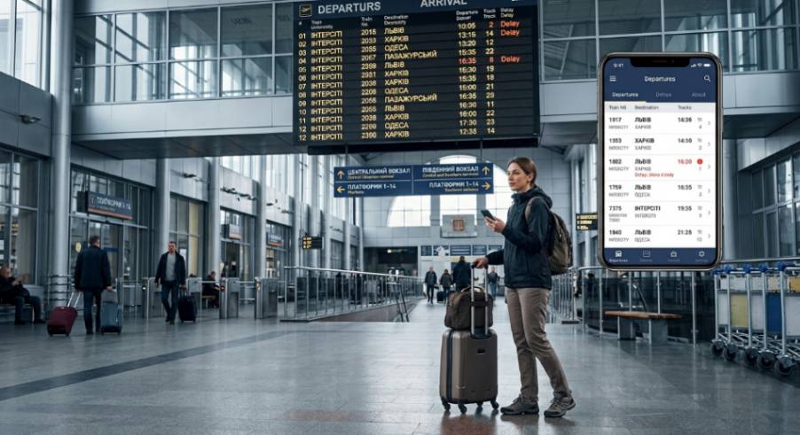 Traveler checks train departures on a smartphone at a station.